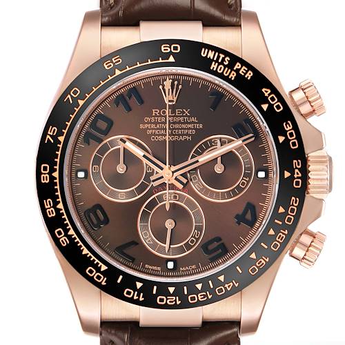 The Rolex Daytona 116515LN Men's Rose Gold Brown Dial watch is shown from the front, highlighting the dial, bezel, subdials, and part of the strap.