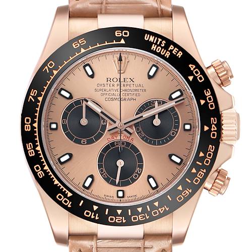 The Rolex Daytona 116515LN Men's Rose Gold Pink Dial watch is shown from a front angle, highlighting its dial, bezel, and subdials.