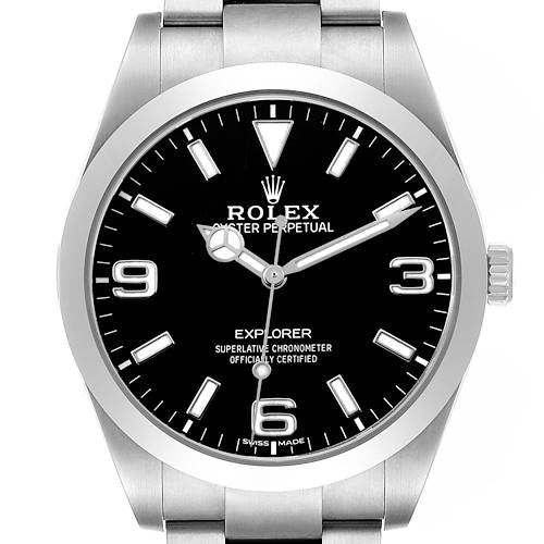 The Rolex Explorer 214270 Men's Stainless Steel Black Dial watch is shown from a front angle, highlighting its dial, hands, hour markers, and part of the bracelet.