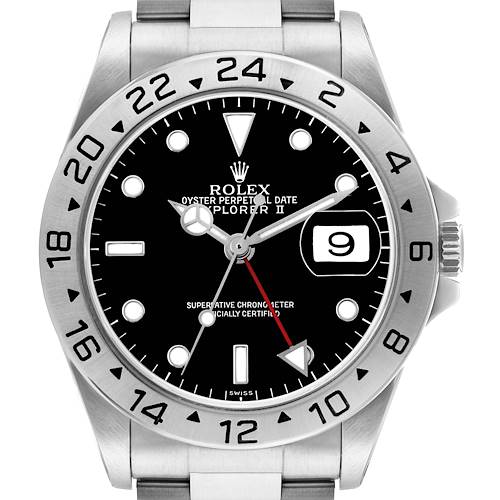 The image shows a front view of the Rolex Explorer 16570 Men's Stainless Steel Black Dial II watch, highlighting its dial, bezel, hands, and date window.