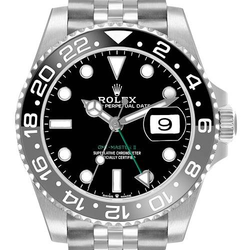The Rolex GMT-Master 126710GRNR Men's Stainless Steel Black Dial model is shown from the front, displaying the dial, bezel, and part of the bracelet.