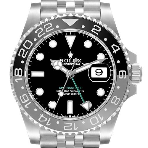 The Rolex GMT-Master 126710GRNR Men's Stainless Steel Black Dial watch is shown from a front angle, highlighting the dial, bezel, and bracelet.