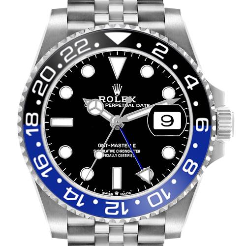 The Rolex GMT-Master 126710 Men's Stainless Steel Black Dial model is shown from a front angle, highlighting the bezel, dial, and date window.