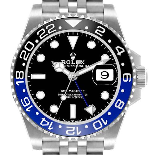 The Rolex GMT-Master 126710BLNR Men's Stainless Steel Black Dial model is shown from a front angle, featuring the bezel, dial, crown, and partial bracelet.