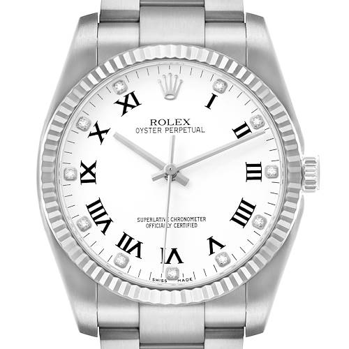The Rolex Oyster Perpetual 116034 Men's Stainless Steel White Dial watch is shown from a front angle, featuring the dial, bezel, crown, and part of the bracelet.