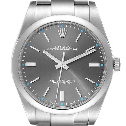The image shows a front view of a Rolex Oyster Perpetual 114300 Men's Stainless Steel Grey Dial 114300 Men's Stainless Steel Grey Dial watch, highlighting the dial, bezel, crown, and part of the bracelet.