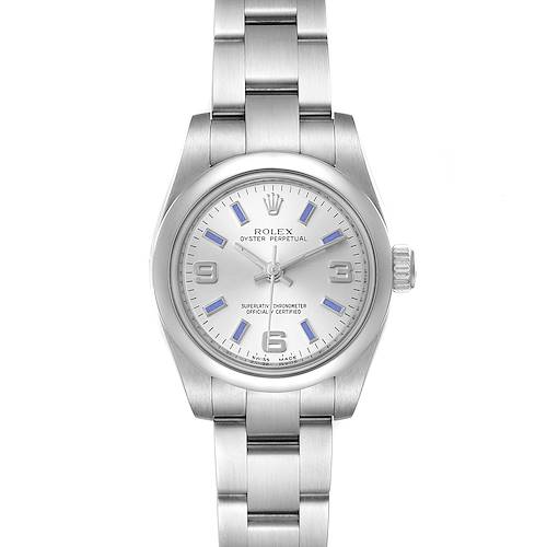The Rolex Oyster Perpetual 176200 Women's Stainless Steel Silver Dial 176200 Women's Stainless Steel Silver Dial watch is shown from a front angle, displaying its dial, bracelet, and crown.