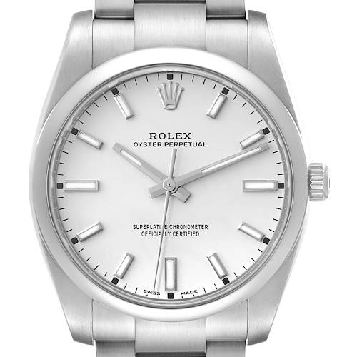 The Rolex Oyster Perpetual 114200 Men's Stainless Steel White Dial 114200 Men's Stainless Steel White Dial watch is shown from a front view, displaying the dial, hands, bezel, and part of the bracelet.