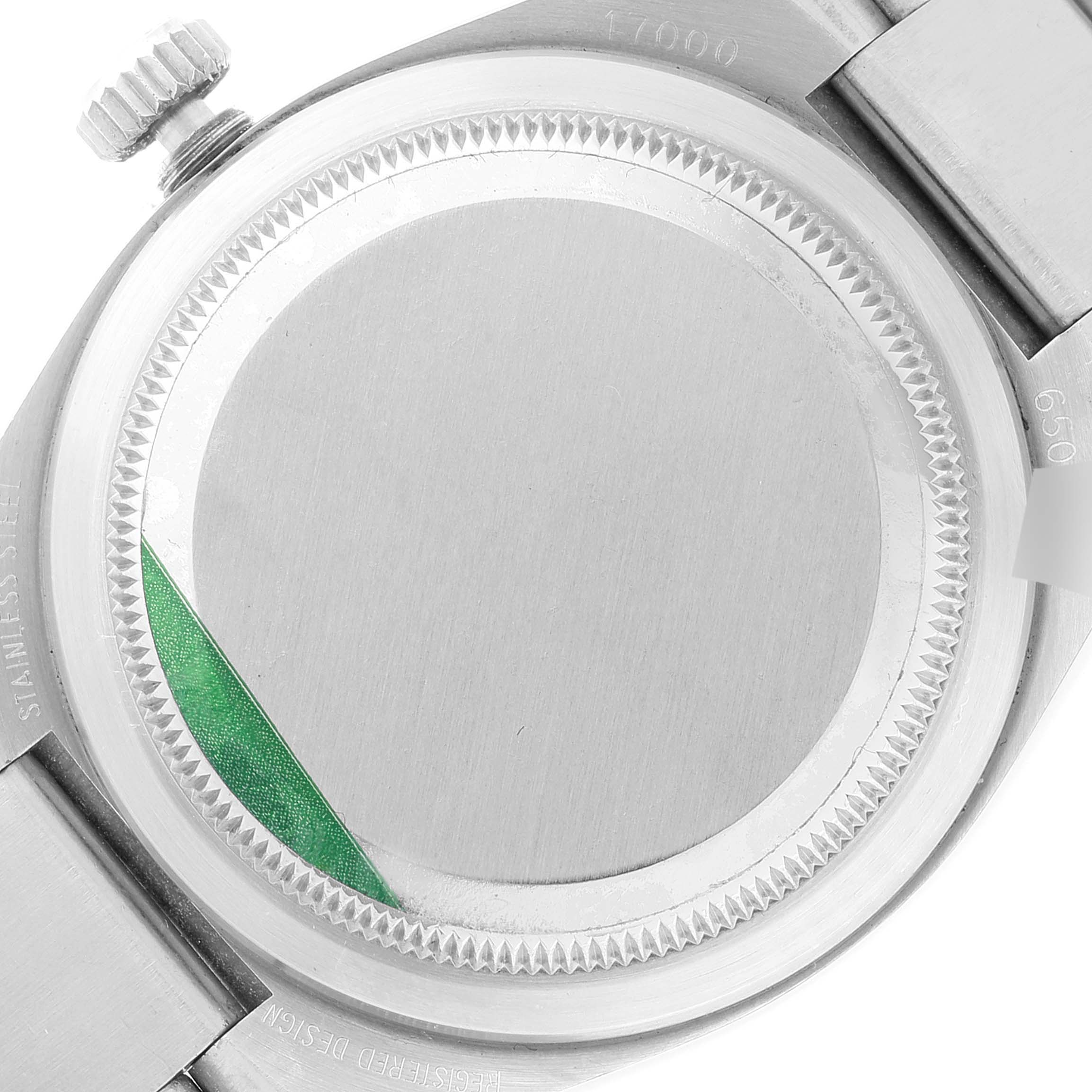 This is the back view of the Rolex Oysterquartz 17000 Men's Stainless Steel Silver Dial 17000 Men's Stainless Steel Silver Dial watch, showing the case back and part of the bracelet.