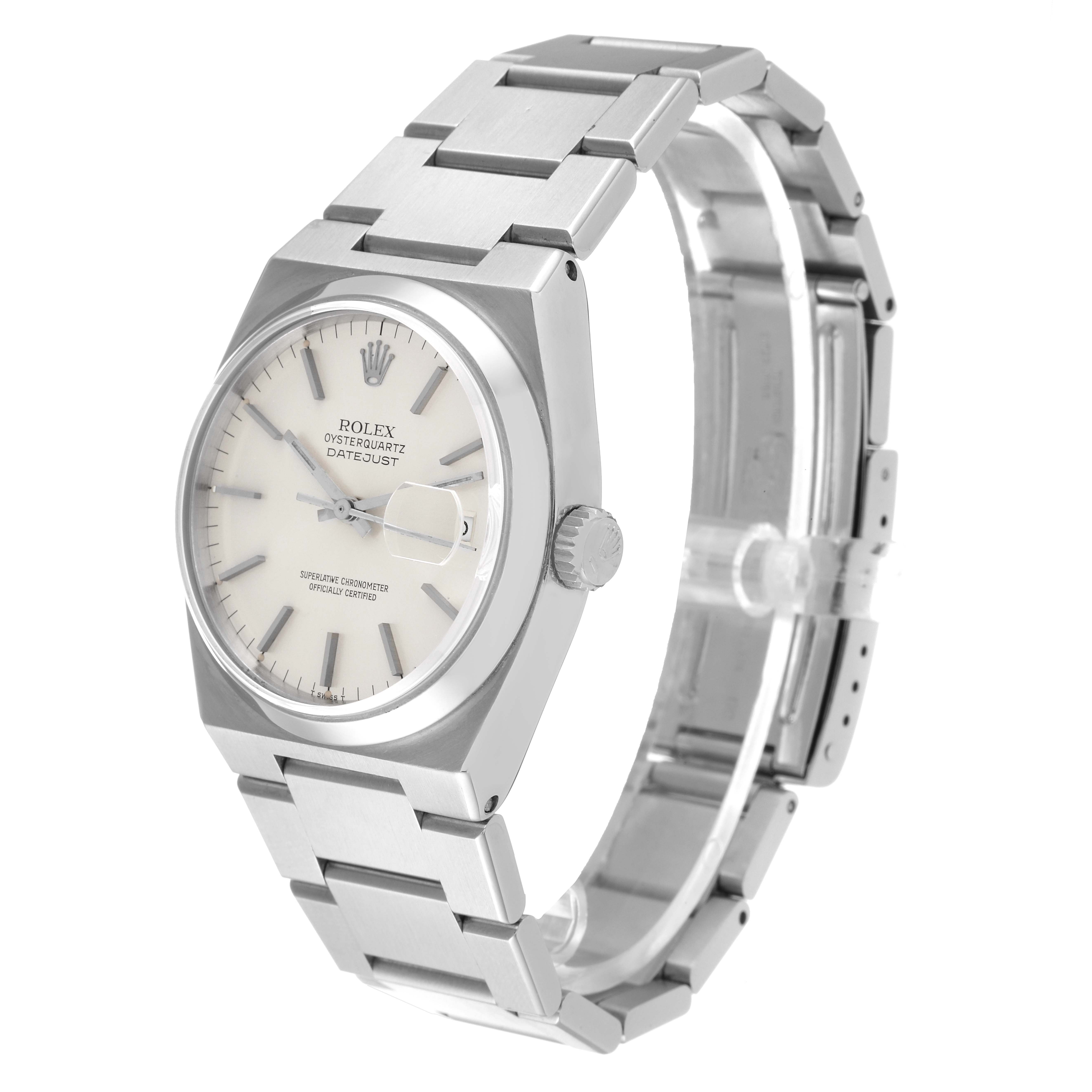 This Rolex Oysterquartz 17000 Men's Stainless Steel Silver Dial 17000 Men's Stainless Steel Silver Dial watch is shown at a three-quarter angle, highlighting its entire face, bezel, case, and steel bracelet.
