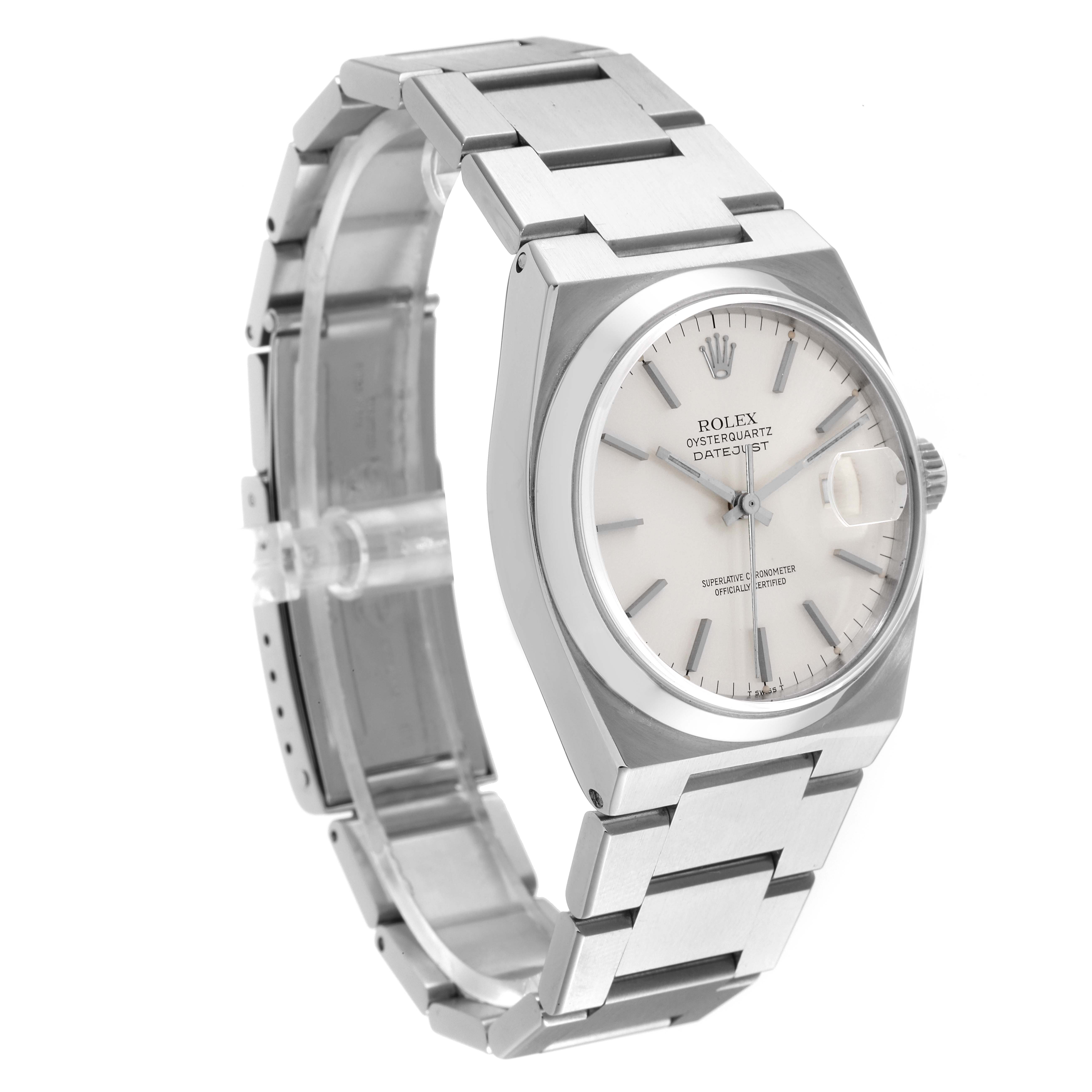 The image shows a Rolex Oysterquartz 17000 Men's Stainless Steel Silver Dial 17000 Men's Stainless Steel Silver Dial Datejust watch, angled to display its face, bracelet, and crown.