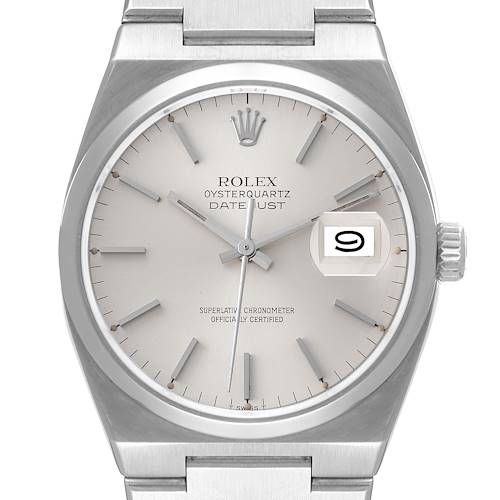 The image shows a front view of a Rolex Oysterquartz 17000 Men's Stainless Steel Silver Dial 17000 Men's Stainless Steel Silver Dial Datejust watch, displaying the dial, hands, date, and part of the bracelet.