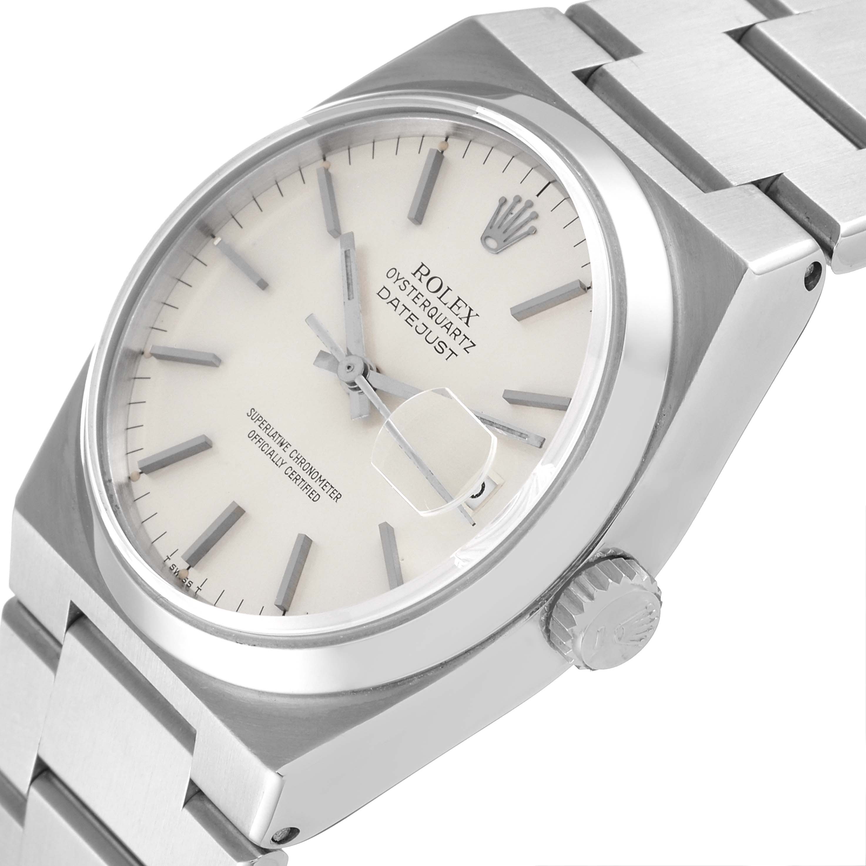 The image shows a close-up angled view of the dial, crown, and part of the bracelet of a Rolex Oysterquartz 17000 Men's Stainless Steel Silver Dial 17000 Men's Stainless Steel Silver Dial Datejust watch.