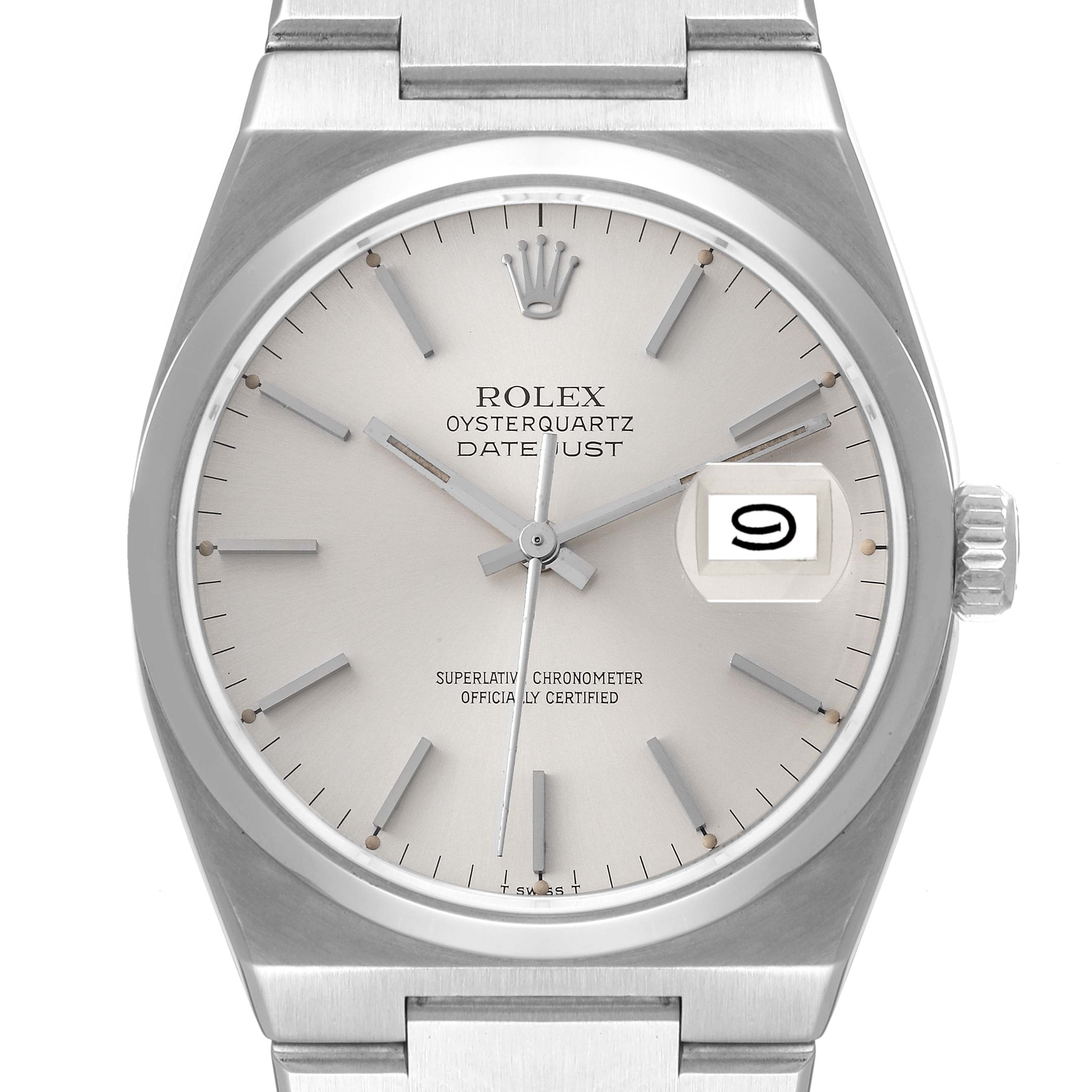 This image shows a frontal view of a Rolex Oysterquartz 17000 Men's Stainless Steel Silver Dial 17000 Men's Stainless Steel Silver Dial Datejust watch, showcasing the dial, hands, hour markers, and part of the bracelet.