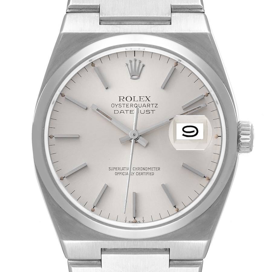 This image shows a frontal view of a Rolex Oysterquartz 17000 Men's Stainless Steel Silver Dial 17000 Men's Stainless Steel Silver Dial Datejust watch, showcasing the dial, hands, hour markers, and part of the bracelet.