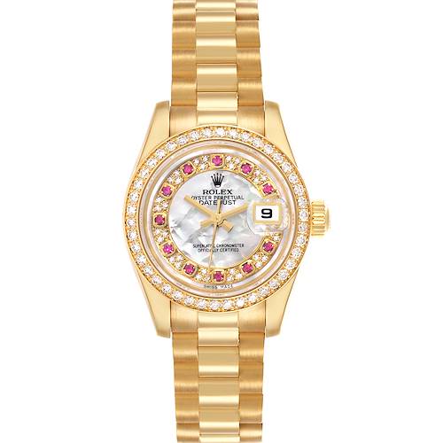 The Rolex President 179138 Men's Yellow Gold Mother of Pearl Dial watch is shown from the front, displaying the bracelet, diamond and ruby bezel, and the date window.