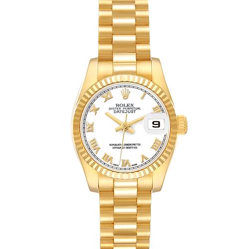 This image shows the Rolex President 179178 Women's Yellow Gold White Dial model from the front, displaying its gold case, bracelet, fluted bezel, and date window.