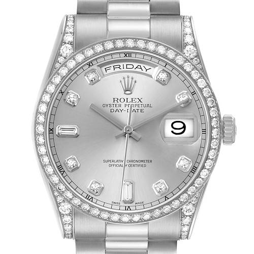 The Rolex President 118386 Men's Platinum Silver Dial model watch is shown from the front, displaying its face, bezel with diamonds, dial, and crown.
