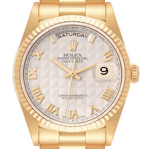 This image shows a close-up front view of a Rolex President 18238 Men's Yellow Gold Beige Dial 18238 Men's Yellow Gold Beige Dial model watch, displaying the dial, hands, day, and date functions.