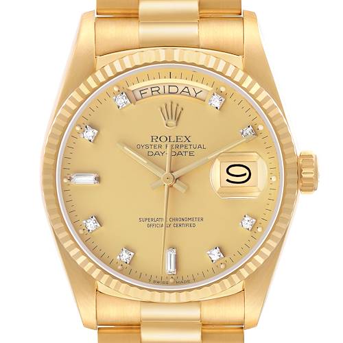 The Rolex President 18038 Men's Yellow Gold Champagne Dial model watch is shown from a front angle, highlighting its dial, bezel, bracelet, and crown.
