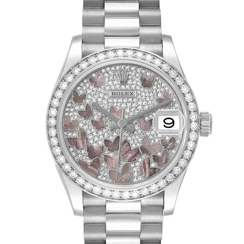 The Rolex President 278288 Women's White Gold Mother of Pearl Dial model watch is shown from the front, displaying its dial, date window, and bracelet.