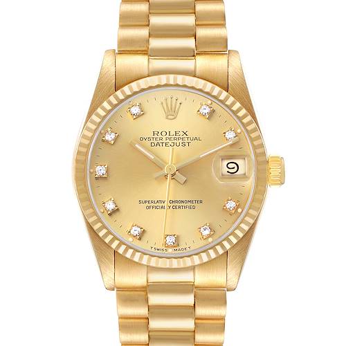 The Rolex President 68278 Women's Yellow Gold Champagne Dial model is shown from the front, displaying the dial, bezel, crown, and part of the bracelet.