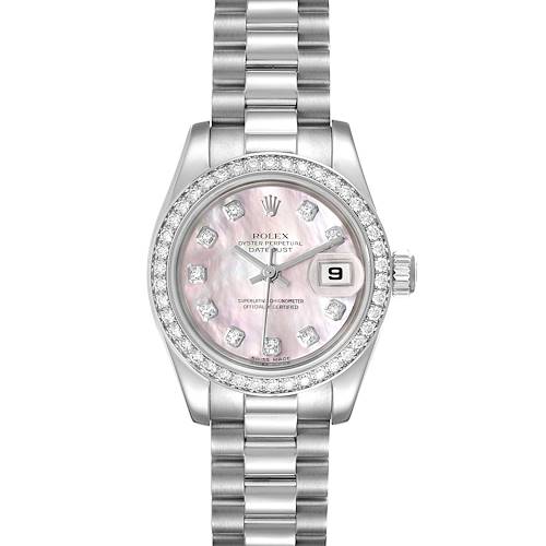 The image shows a front view of a Rolex President 179136 Women's Platinum Mother of Pearl Dial 179136 Women's Platinum Mother of Pearl Dial model watch, showcasing the dial, bezel, bracelet, and crown.