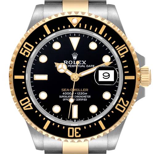 The image shows a front view of the Rolex Sea-Dweller 126603 Men's Steel and Gold (two tone) Black Dial 126603 Men's Steel and Gold (two tone) Black Dial watch, highlighting its dial, bezel, and bracelet.