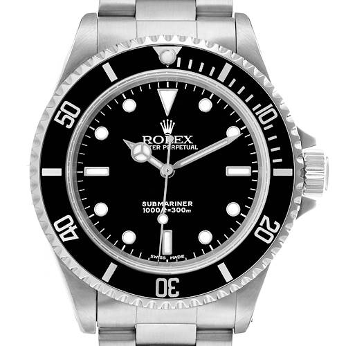 The Rolex Submariner 14060 Men's Stainless Steel Black Dial watch is shown from a front angle, displaying its face, bezel, and part of the bracelet.