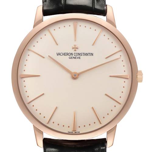 The image shows a frontal view of the Vacheron Constantin Patrimony 81180/000R-9159 Men's Rose Gold Silver Dial watch, highlighting its dial, hands, and crown.