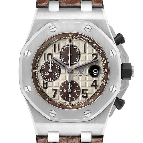 The image shows a front view of the Audemars Piguet Royal Oak Offshore 26470ST.OO.A801CR.01 Men's Stainless Steel Beige Dial, displaying its dial, bezel, and pushers.
