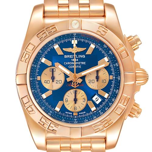 The image shows a front view of a Breitling Chronomat HB0110 Men's Rose Gold Blue Dial HB0110 Men's Rose Gold Blue Dial watch, highlighting its gold casing, bracelet, and blue dial with subdials.