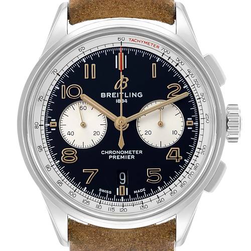 The Breitling Premier AB0118 Men's Stainless Steel Black Dial model watch is shown from the front, highlighting its chronograph dials, tachymeter scale, and brown leather strap.