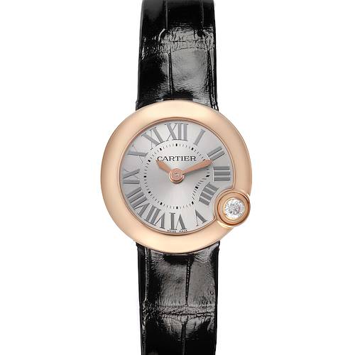 The Cartier Ballon Blanc WGBL0002 Women's Rose Gold Silver Dial watch is shown from the front, displaying its dial, hands, bezel, and a diamond accent.