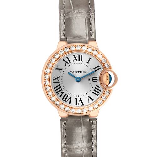The Ballon Bleu by Cartier is shown from a front angle, highlighting the face, diamond bezel, and strap.