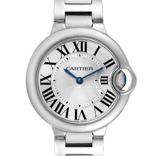 The Cartier Ballon Bleu W6920084 Women's Stainless Steel Silver Dial W6920084 Women's Stainless Steel Silver Dial watch is shown from the front, displaying the dial, hands, and part of the bracelet.