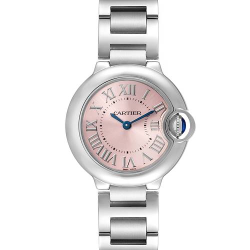 The Ballon Bleu by Cartier is shown from the front, displaying its pink dial, Roman numerals, and metallic bracelet.