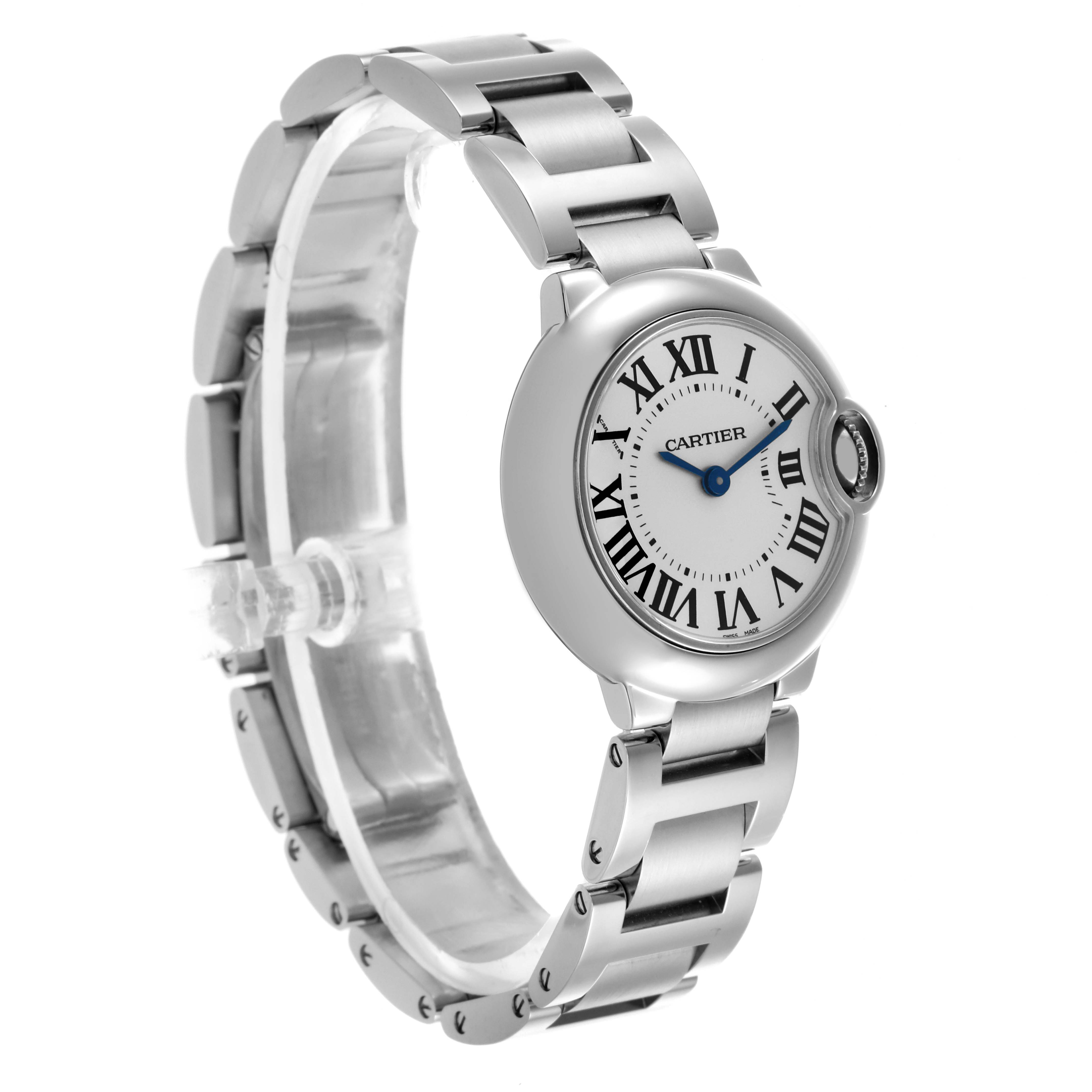 The Cartier Ballon Bleu W69010Z4 Women's Stainless Steel Silver Dial W69010Z4 Women's Stainless Steel Silver Dial watch is shown at a three-quarter angle, displaying the face, bezel, bracelet, and crown.