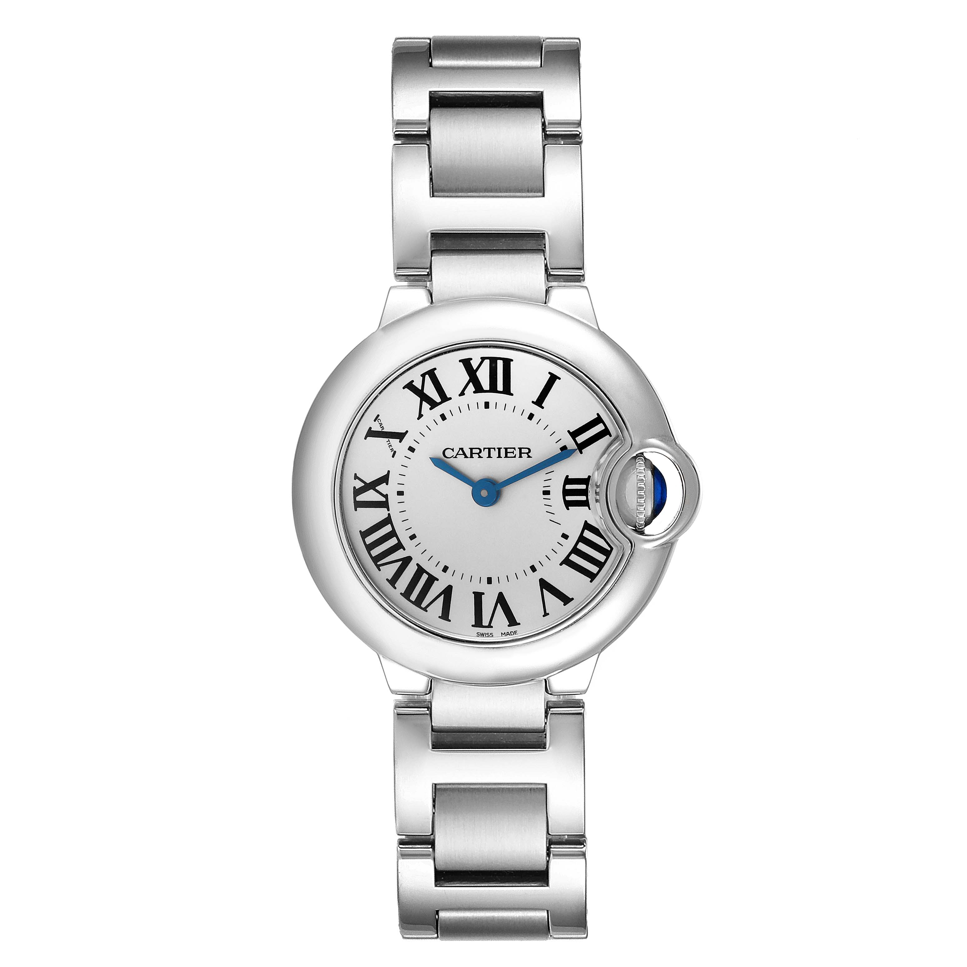 The Cartier Ballon Bleu W69010Z4 Women's Stainless Steel Silver Dial W69010Z4 Women's Stainless Steel Silver Dial watch is shown from the front, displaying the face and stainless steel bracelet.