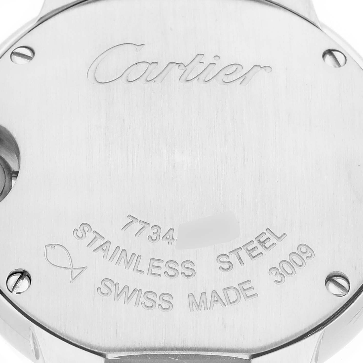 The image shows the back case of the Cartier Ballon Bleu W69010Z4 Women's Stainless Steel Silver Dial W69010Z4 Women's Stainless Steel Silver Dial watch, displaying engravings and screw details.