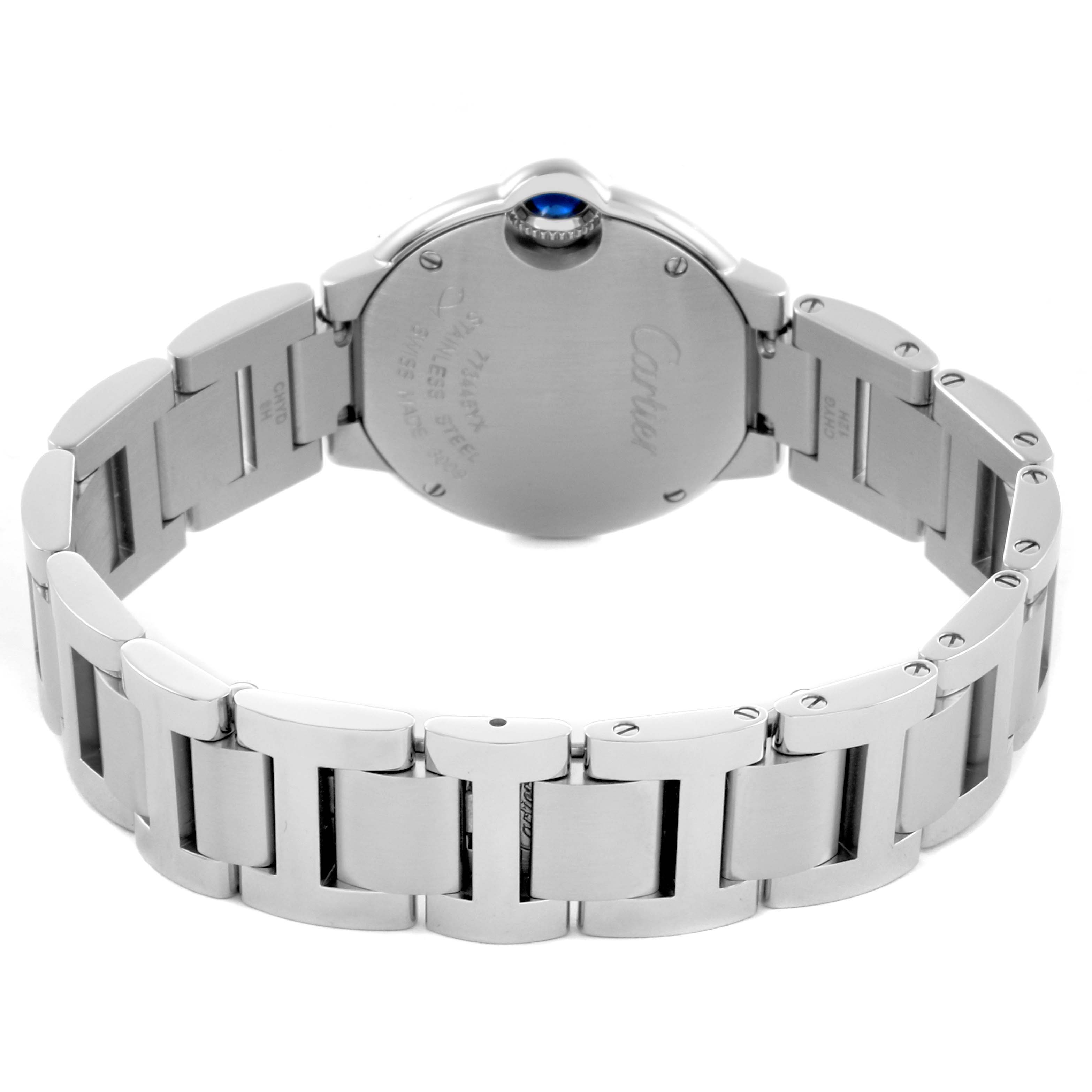 The image shows the back and bracelet of a Cartier Ballon Bleu W69010Z4 Women's Stainless Steel Silver Dial W69010Z4 Women's Stainless Steel Silver Dial watch at a rear angle, highlighting the clasp and case back.