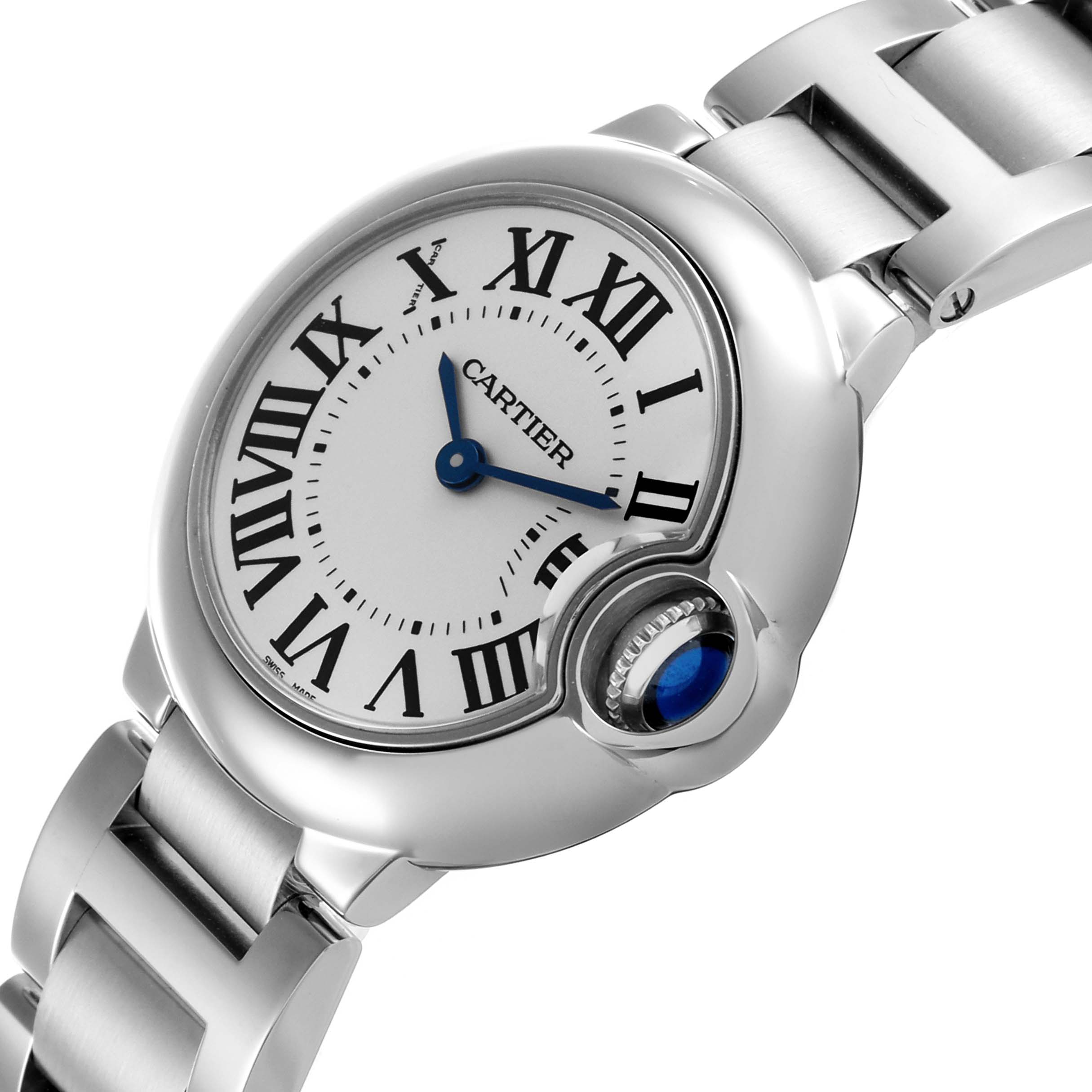 The Cartier Ballon Bleu W69010Z4 Women's Stainless Steel Silver Dial W69010Z4 Women's Stainless Steel Silver Dial watch is shown at an angle displaying the face, crown, and part of the bracelet.