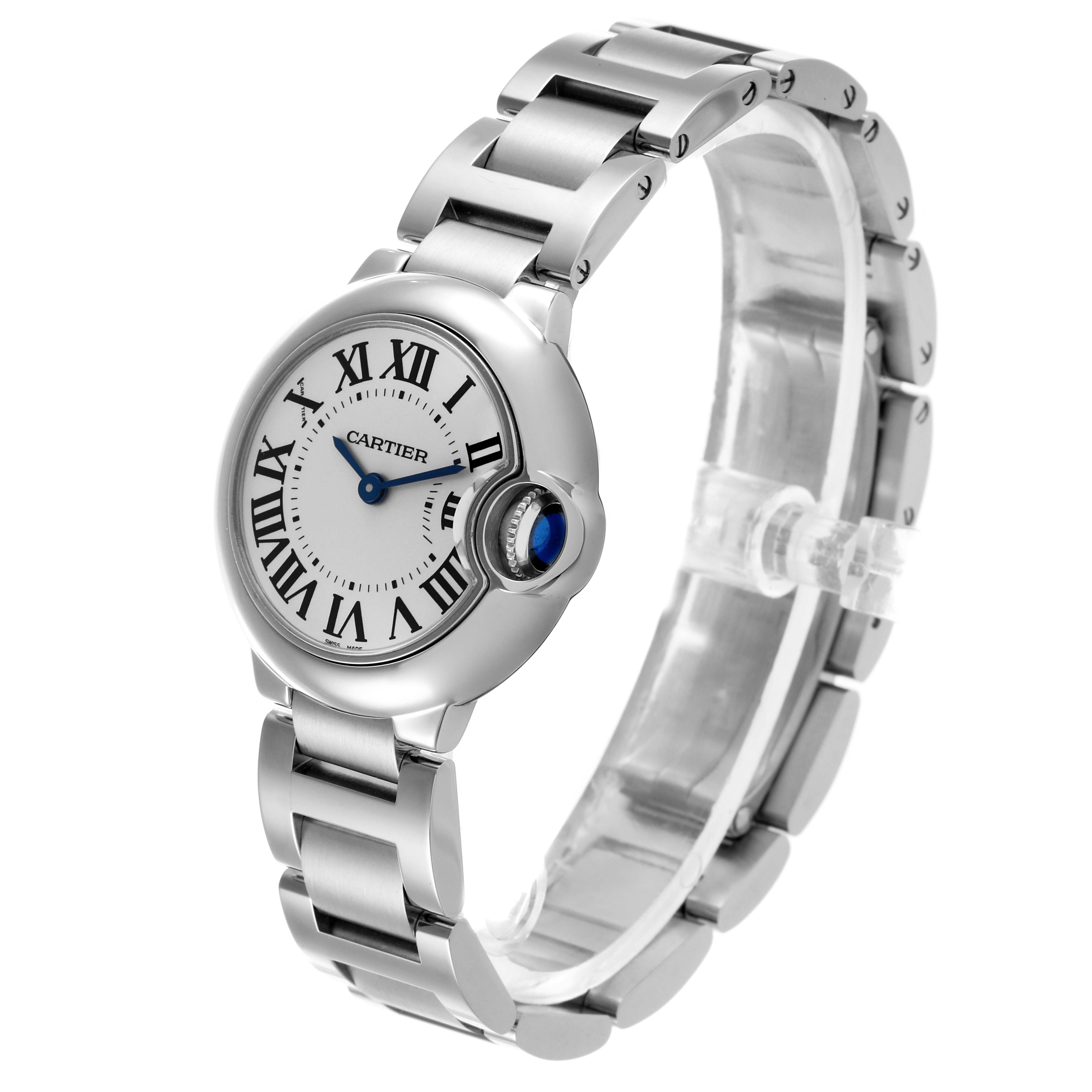 The Cartier Ballon Bleu W69010Z4 Women's Stainless Steel Silver Dial W69010Z4 Women's Stainless Steel Silver Dial watch is shown at a three-quarter angle, displaying its face, bracelet, and crown detail.
