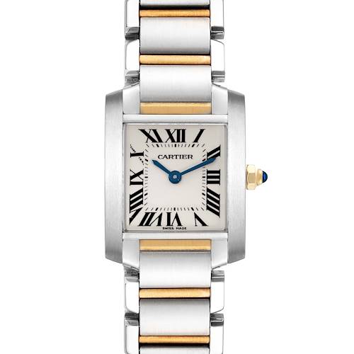 The Cartier Tank Française watch is shown from a top view, displaying the face, bezel, crown, and bracelet.