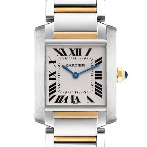 The Cartier Tank Française watch is shown from the front, featuring the case, dial with Roman numerals, and part of the bracelet.