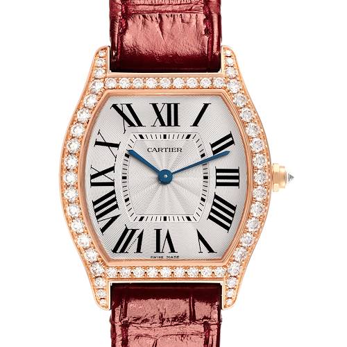 The Cartier Tortue WA501008 Women's Rose Gold Silver Dial WA501008 Women's Rose Gold Silver Dial watch is shown from the front, highlighting its dial, case, and strap.
