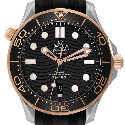 The image shows a front view of the Omega Seamaster 210.22.42.20.01.002 Men's Steel and Gold (two tone) Black Dial 210.22.42.20.01.002 Men's Steel and Gold (two tone) Black Dial watch, detailing the dial, bezel, hands, and markers.