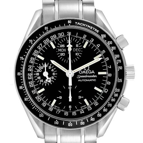 The image shows a front view of the Omega Speedmaster 3520.50.00 Men's Stainless Steel Black Dial 3520.50.00 Men's Stainless Steel Black Dial watch, displaying its face, bezel, and pushers.