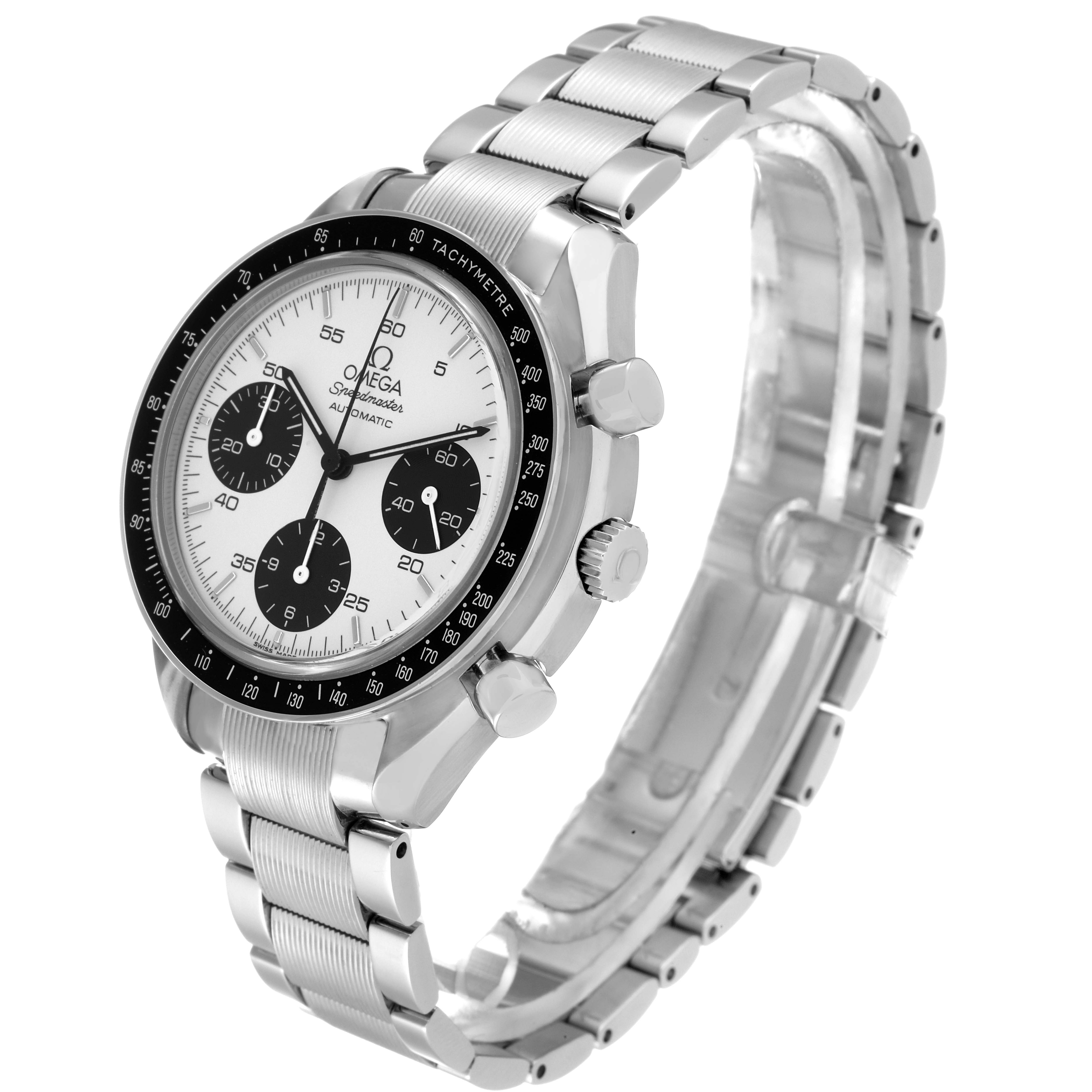 The Omega Speedmaster 3539.31.00 Men's Stainless Steel Silver Dial 3539.31.00 Men's Stainless Steel Silver Dial watch is shown at an angle, displaying the face, bezel, pushers, crown, and stainless steel bracelet.