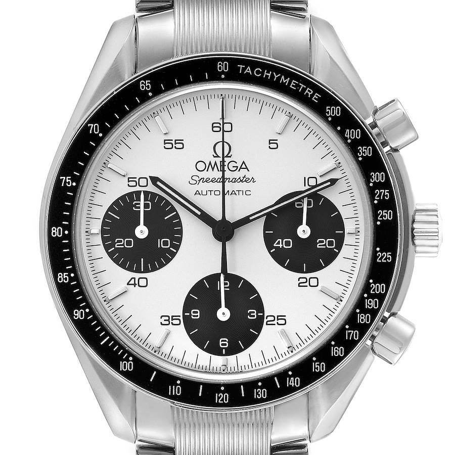 The image shows a front view of an Omega Speedmaster 3539.31.00 Men's Stainless Steel Silver Dial 3539.31.00 Men's Stainless Steel Silver Dial watch, highlighting its dial, bezel, and chronograph sub-dials.